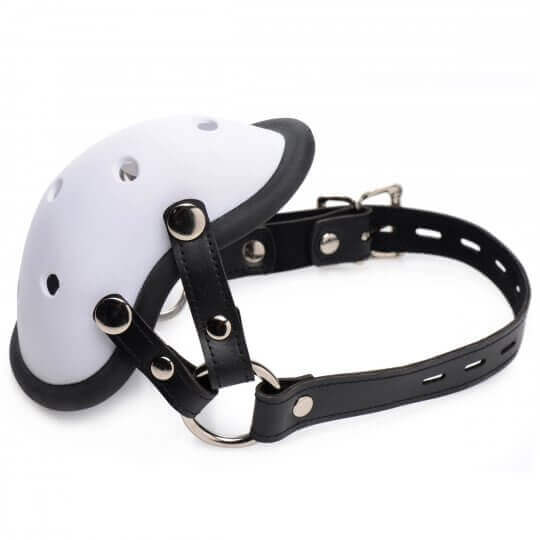 Front view of athletic cup muzzle. White with venting holes. Black locking strap